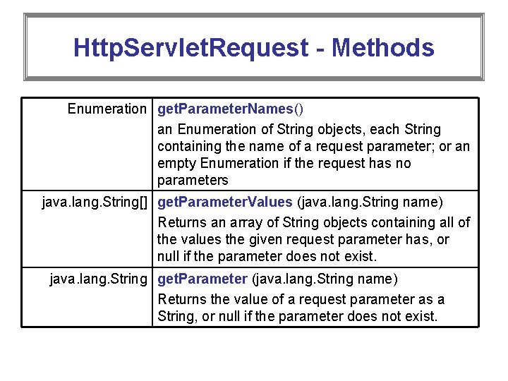 Http. Servlet. Request - Methods Enumeration get. Parameter. Names() an Enumeration of String objects,