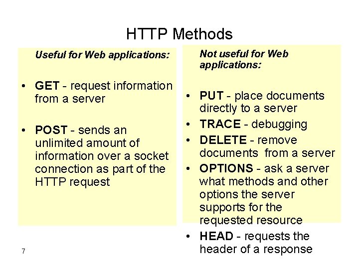 HTTP Methods Useful for Web applications: Not useful for Web applications: • GET -