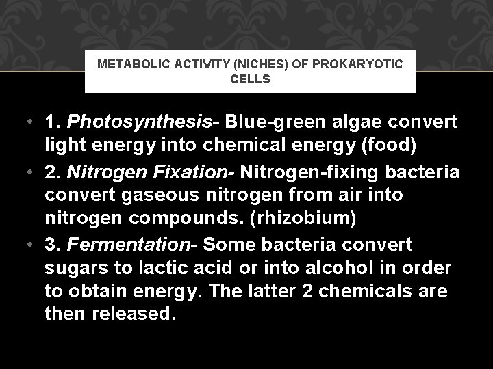 METABOLIC ACTIVITY (NICHES) OF PROKARYOTIC CELLS • 1. Photosynthesis- Blue-green algae convert light energy