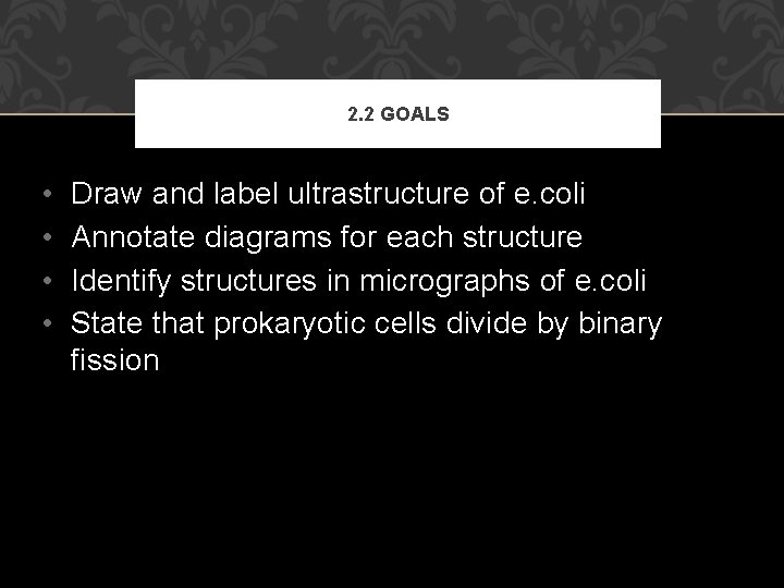 2. 2 GOALS • • Draw and label ultrastructure of e. coli Annotate diagrams