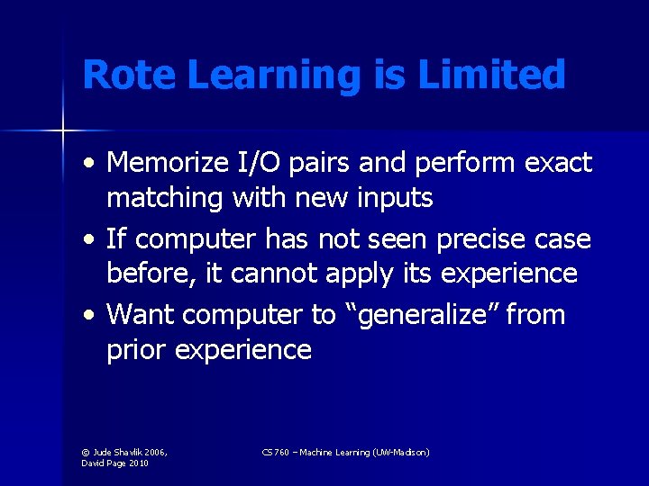 Rote Learning is Limited • Memorize I/O pairs and perform exact matching with new