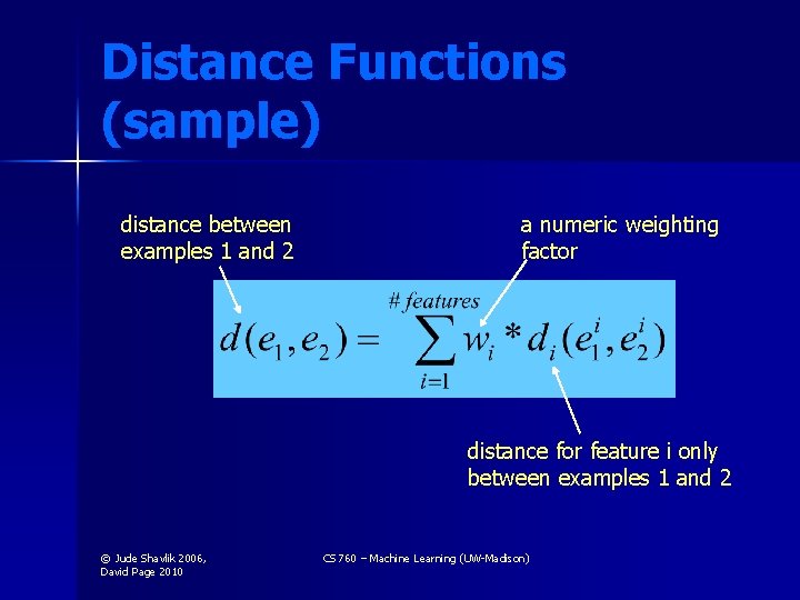 Distance Functions (sample) distance between examples 1 and 2 a numeric weighting factor distance