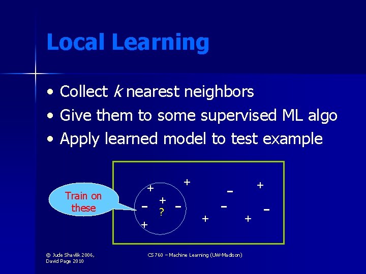 Local Learning • • • Collect k nearest neighbors Give them to some supervised