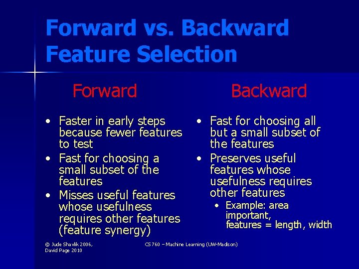 Forward vs. Backward Feature Selection Forward Backward • Faster in early steps because fewer