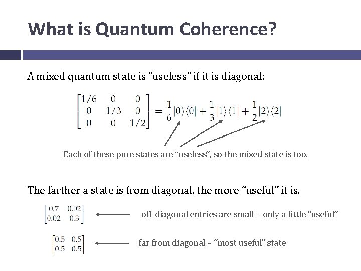 What is Quantum Coherence? A mixed quantum state is “useless” if it is diagonal: