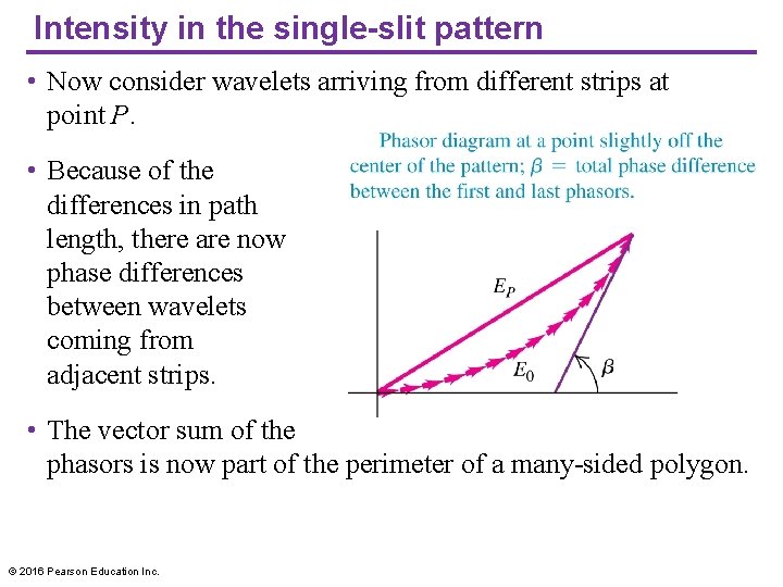 Intensity in the single-slit pattern • Now consider wavelets arriving from different strips at