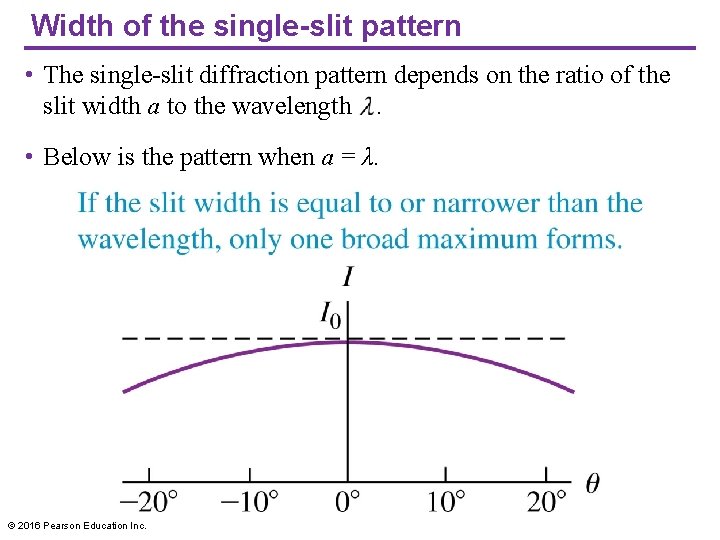 Width of the single-slit pattern • The single-slit diffraction pattern depends on the ratio