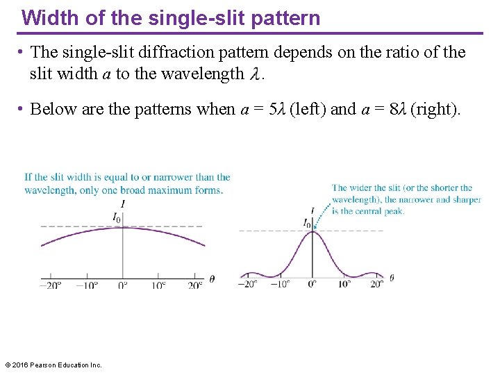 Width of the single-slit pattern • The single-slit diffraction pattern depends on the ratio