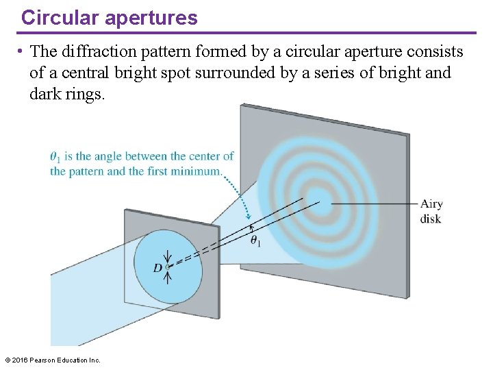 Circular apertures • The diffraction pattern formed by a circular aperture consists of a