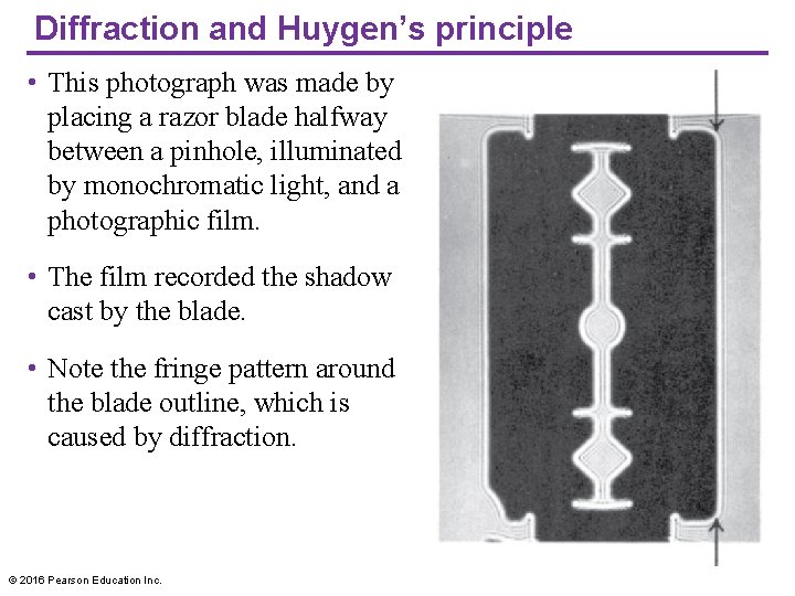 Diffraction and Huygen’s principle • This photograph was made by placing a razor blade