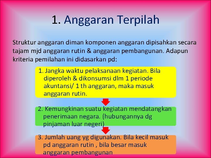 1. Anggaran Terpilah Struktur anggaran diman komponen anggaran dipisahkan secara tajam mjd anggaran rutin