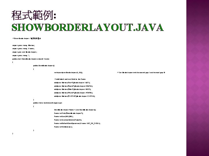 程式範例: SHOWBORDERLAYOUT. JAVA //Show Border. Layout 邊緣的佈置法 import javax. swing. JButton; import javax. swing. 程式範例: SHOWBORDERLAYOUT. JAVA //Show Border. Layout 邊緣的佈置法 import javax. swing. JButton; import javax. swing.