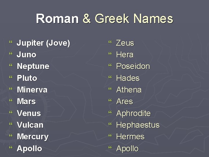 Roman & Greek Names } } } } } Jupiter (Jove) Juno Neptune Pluto