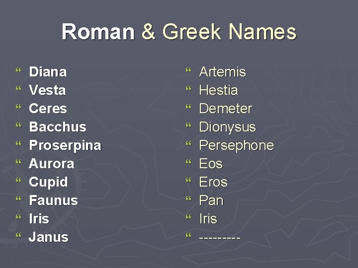 Roman & Greek Names } } } } } Diana Vesta Ceres Bacchus Proserpina