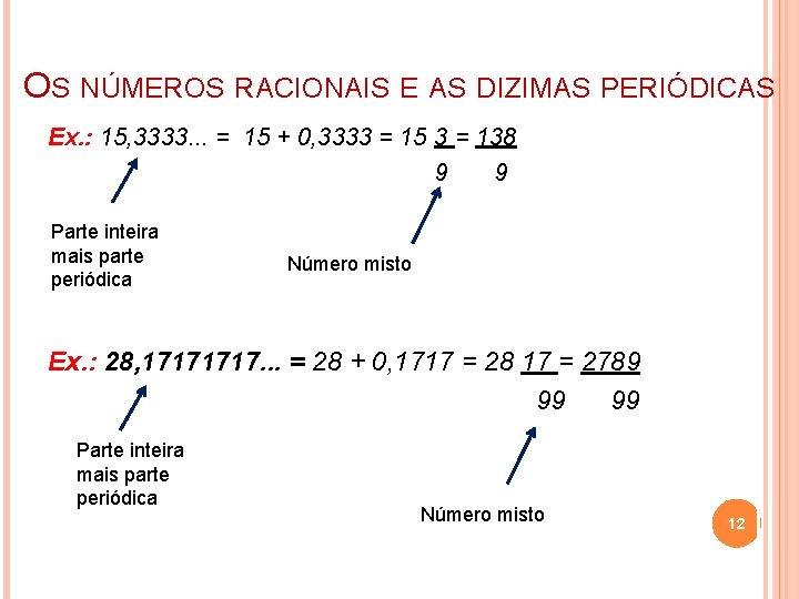 OS NÚMEROS RACIONAIS E AS DIZIMAS PERIÓDICAS Ex. : 15, 3333. . . =