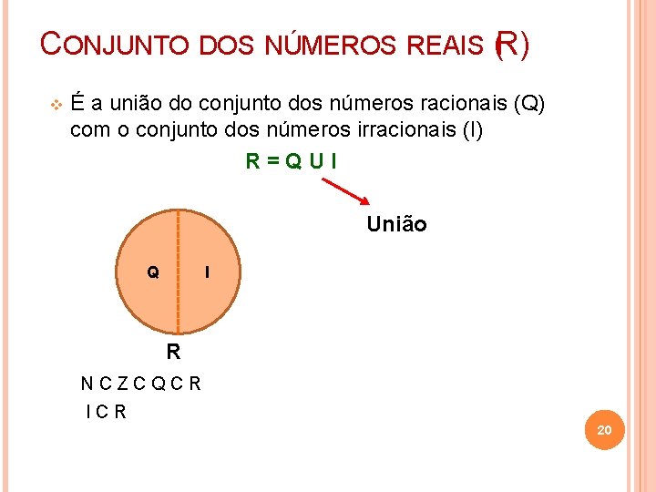CONJUNTO DOS NÚMEROS REAIS (R) É a união do conjunto dos números racionais (Q)