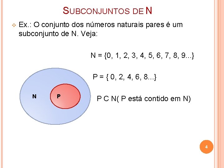 SUBCONJUNTOS DE N Ex. : O conjunto dos números naturais pares é um subconjunto