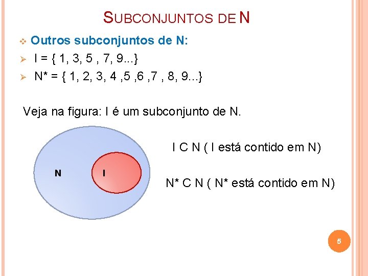SUBCONJUNTOS DE N v Ø Ø Outros subconjuntos de N: I = { 1,