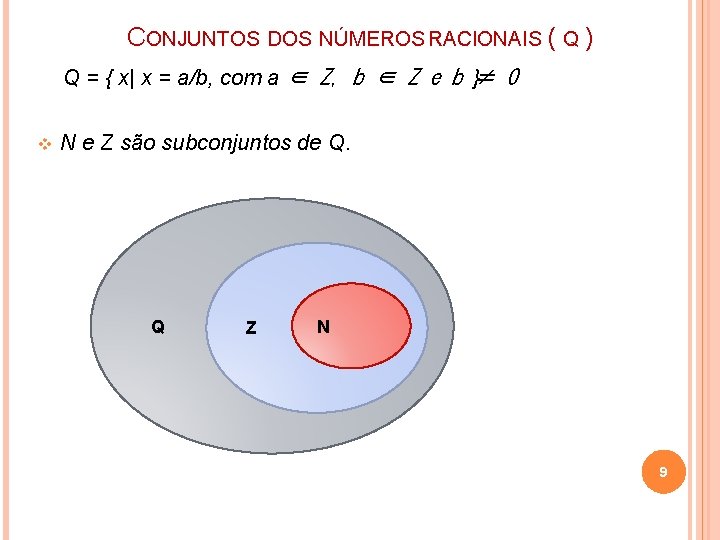 CONJUNTOS DOS NÚMEROS RACIONAIS ( Q ) Q = { x| x = a/b,