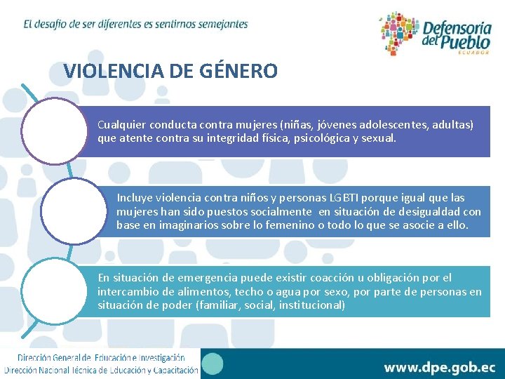 VIOLENCIA DE GÉNERO Cualquier conducta contra mujeres (niñas, jóvenes adolescentes, adultas) que atente contra