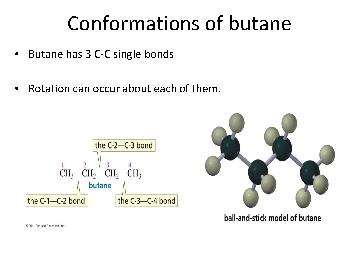 Conformations of butane • Butane has 3 C-C single bonds • Rotation can occur Conformations of butane • Butane has 3 C-C single bonds • Rotation can occur