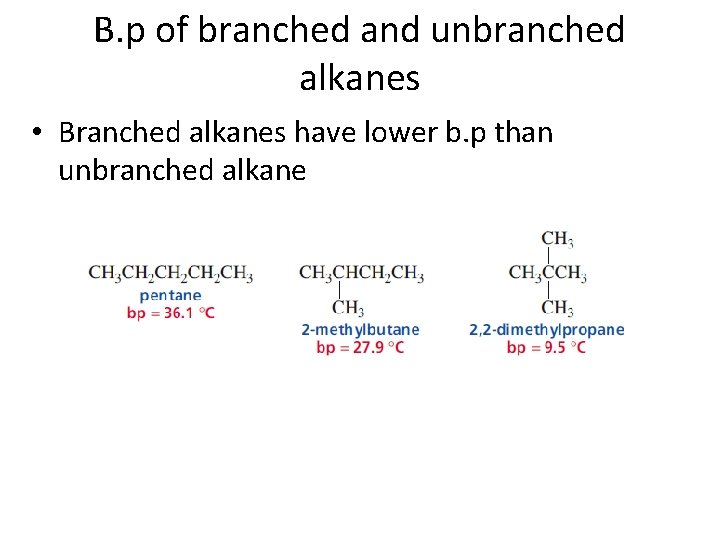 B. p of branched and unbranched alkanes • Branched alkanes have lower b. p