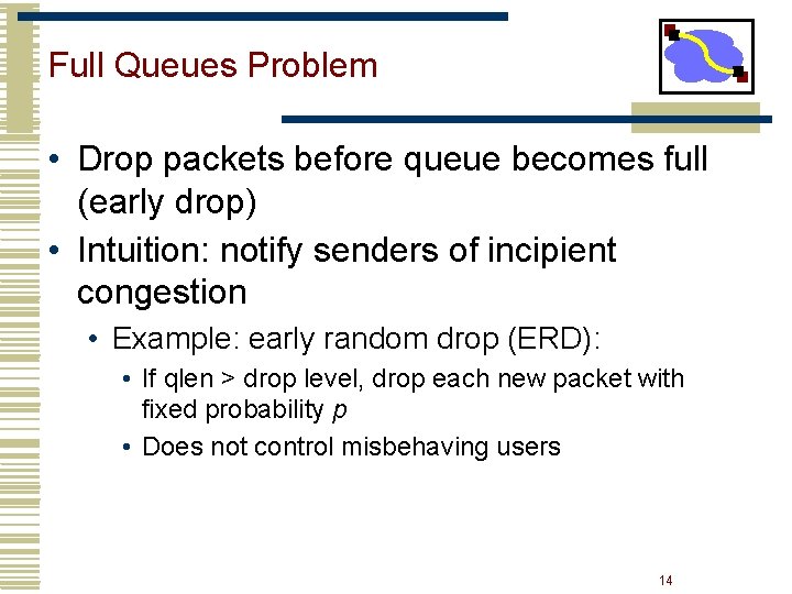 Full Queues Problem • Drop packets before queue becomes full (early drop) • Intuition: Full Queues Problem • Drop packets before queue becomes full (early drop) • Intuition: