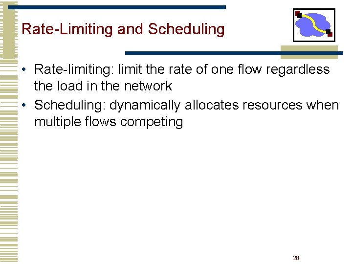 Rate-Limiting and Scheduling • Rate-limiting: limit the rate of one flow regardless the load Rate-Limiting and Scheduling • Rate-limiting: limit the rate of one flow regardless the load