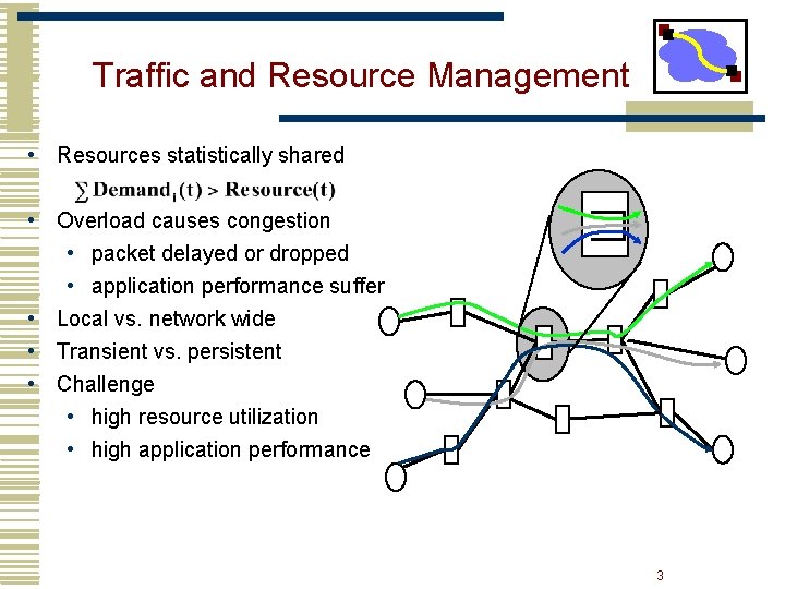 Traffic and Resource Management • Resources statistically shared • Overload causes congestion • packet Traffic and Resource Management • Resources statistically shared • Overload causes congestion • packet