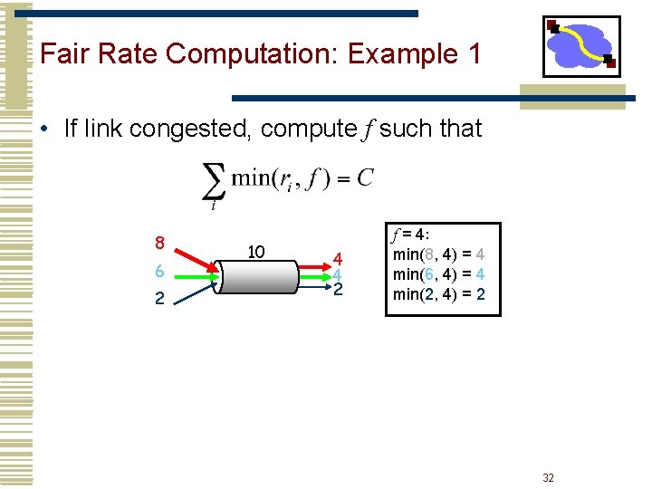 Fair Rate Computation: Example 1 • If link congested, compute f such that 8 Fair Rate Computation: Example 1 • If link congested, compute f such that 8
