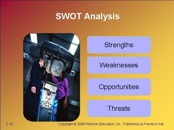 SWOT Analysis Strengths Weaknesses Opportunities Threats 2 -19 Copyright © 2009 Pearson Education, Inc.