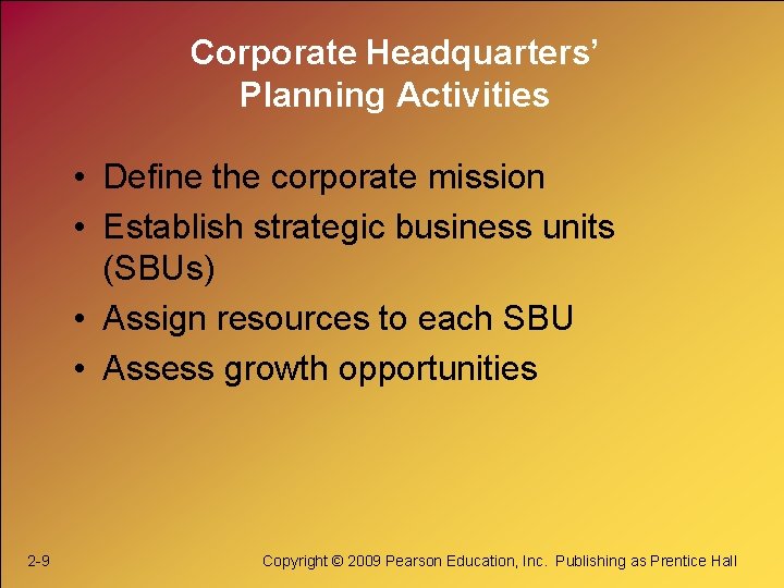 Corporate Headquarters’ Planning Activities • Define the corporate mission • Establish strategic business units