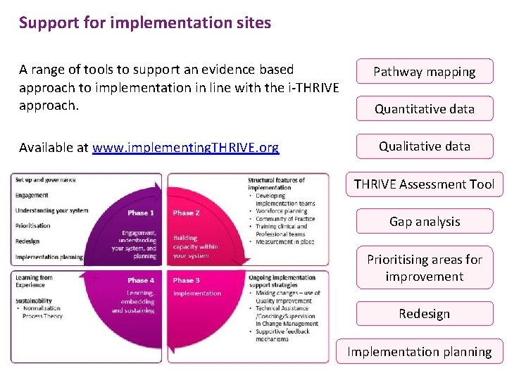 Support for implementation sites A range of tools to support an evidence based approach Support for implementation sites A range of tools to support an evidence based approach