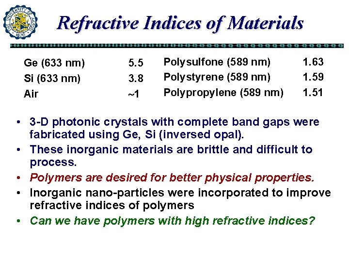 Refractive Indices of Materials Ge (633 nm) Si (633 nm) Air 5. 5 3. Refractive Indices of Materials Ge (633 nm) Si (633 nm) Air 5. 5 3.