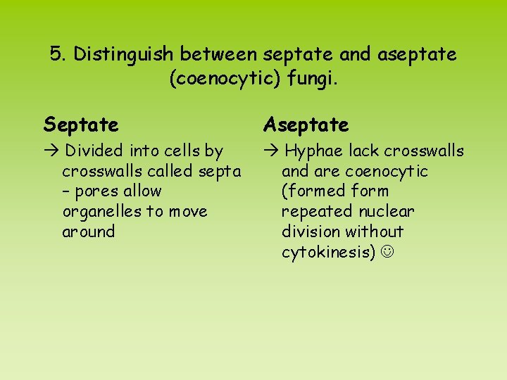 5. Distinguish between septate and aseptate (coenocytic) fungi. Septate Aseptate Divided into cells by