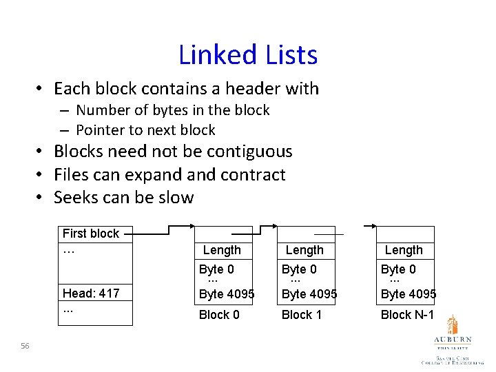 Linked Lists • Each block contains a header with – Number of bytes in