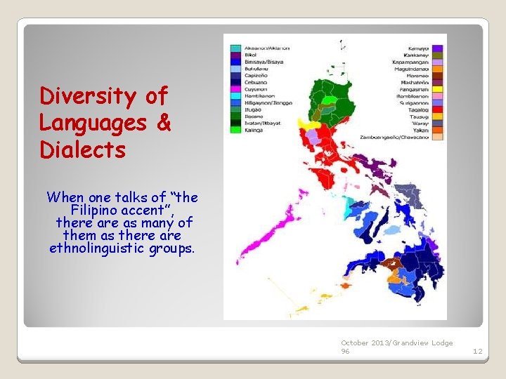 Diversity of Languages & Dialects When one talks of “the Filipino accent”, there as