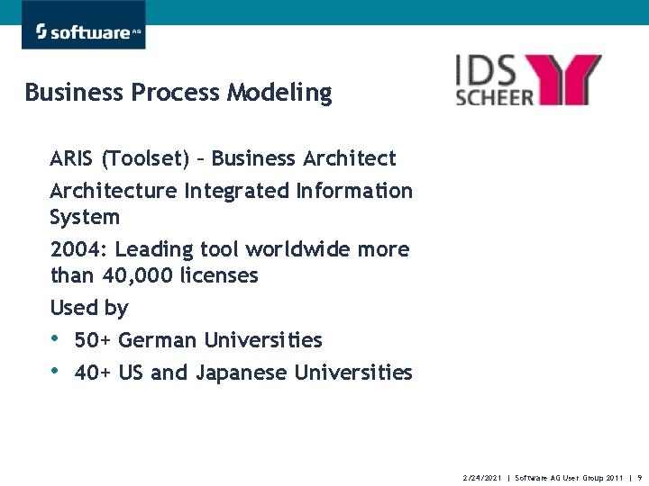 Business Process Modeling ARIS (Toolset) – Business Architecture Integrated Information System 2004: Leading tool