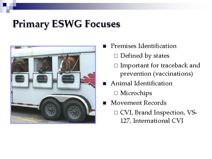 Primary ESWG Focuses n Premises Identification ¨ Defined by states ¨ Important for traceback Primary ESWG Focuses n Premises Identification ¨ Defined by states ¨ Important for traceback