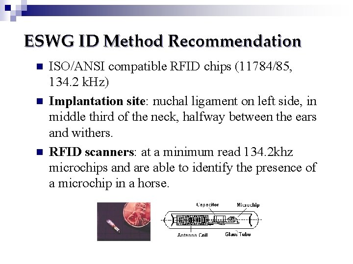 ESWG ID Method Recommendation n ISO/ANSI compatible RFID chips (11784/85, 134. 2 k. Hz)