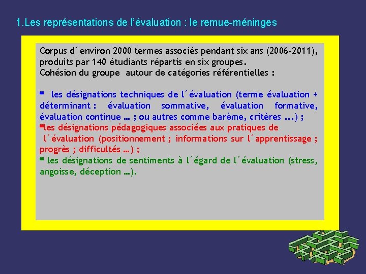 1. Les représentations de l’évaluation : le remue-méninges Corpus d´environ 2000 termes associés pendant