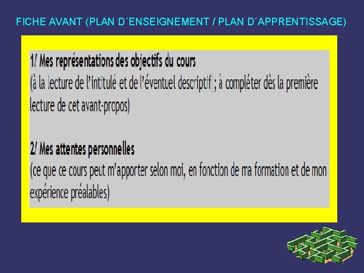 FICHE AVANT (PLAN D´ENSEIGNEMENT / PLAN D´APPRENTISSAGE) 