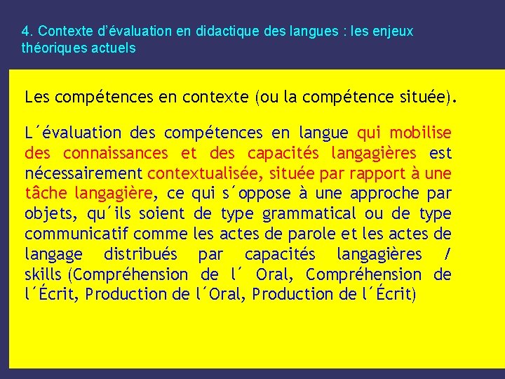 4. Contexte d’évaluation en didactique des langues : les enjeux théoriques actuels Les compétences