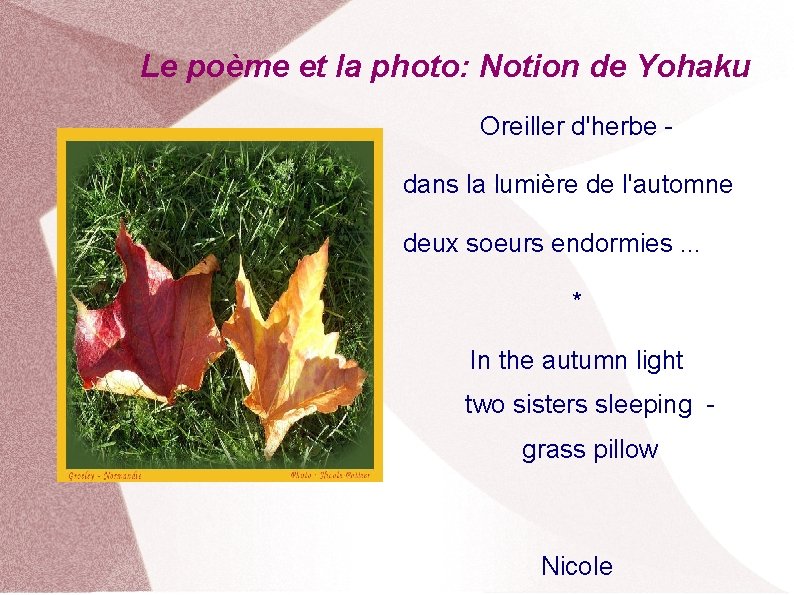 Le poème et la photo: Notion de Yohaku Oreiller d'herbe dans la lumière de