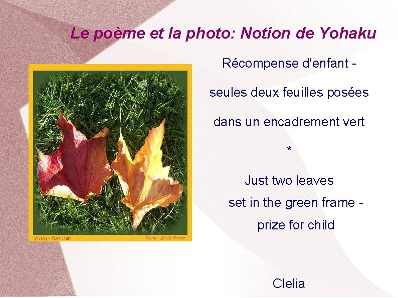 Le poème et la photo: Notion de Yohaku Récompense d'enfant seules deux feuilles posées