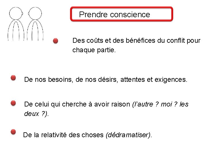 Prendre conscience Des coûts et des bénéfices du conflit pour chaque partie. De nos