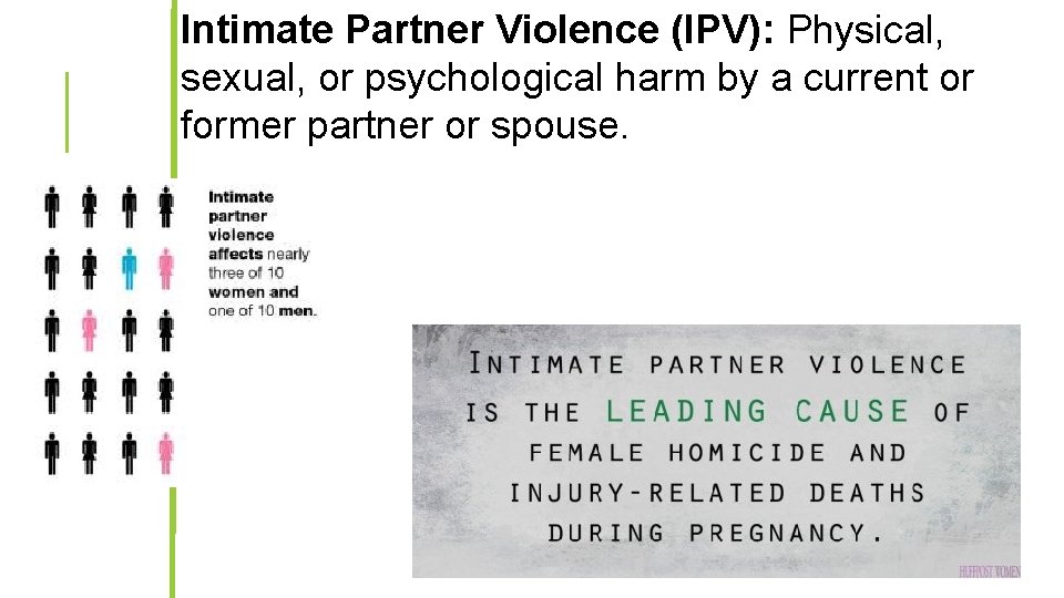 Intimate Partner Violence (IPV): Physical, sexual, or psychological harm by a current or former