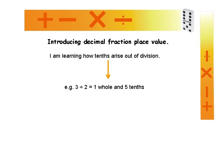 Introducing decimal fraction place value. I am learning how tenths arise out of division.