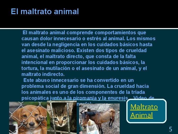 El maltrato animal comprende comportamientos que causan dolor innecesario o estrés al animal. Los