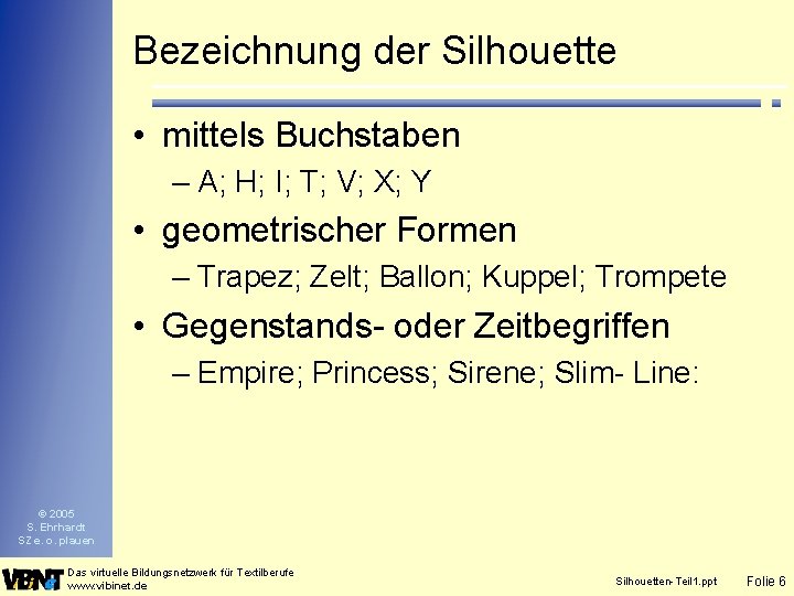 Bezeichnung der Silhouette • mittels Buchstaben – A; H; I; T; V; X; Y Bezeichnung der Silhouette • mittels Buchstaben – A; H; I; T; V; X; Y